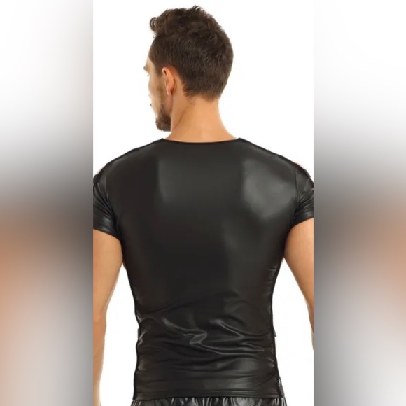 Black Tee in Wet Look Foil Coated Spandex with Elastic Straps - Picture 5 of 9
